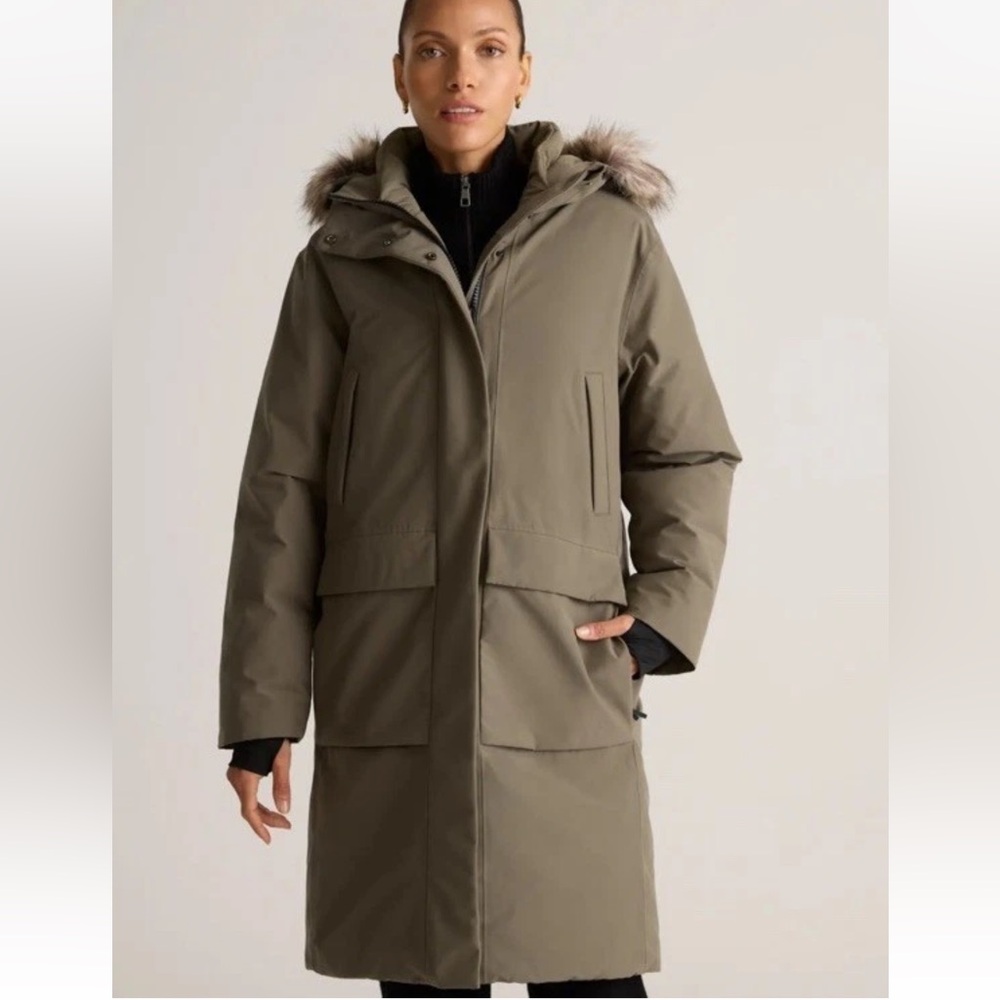 Quince Responsible Down Hooded Long Parka Coat Green Cargo L Large